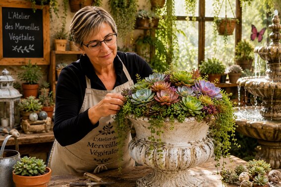 sylviane qui compose dans l'atelier des merveilles vegetales
